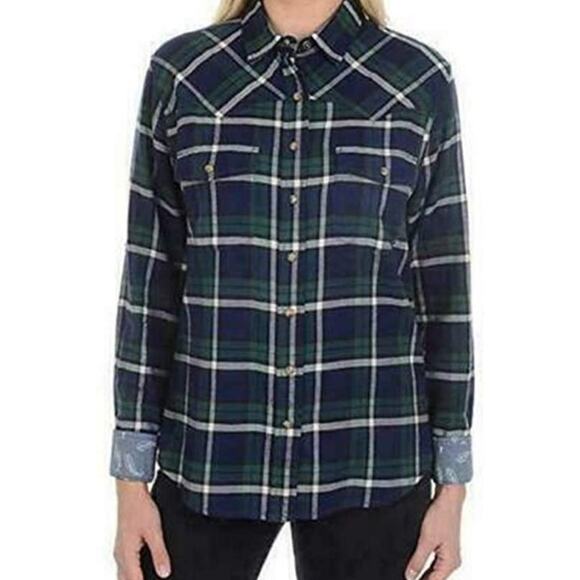 Jachs Girlfriend Stretch Plaid Flannel Button Down Shirt Womens Large - Picture 2 of 11